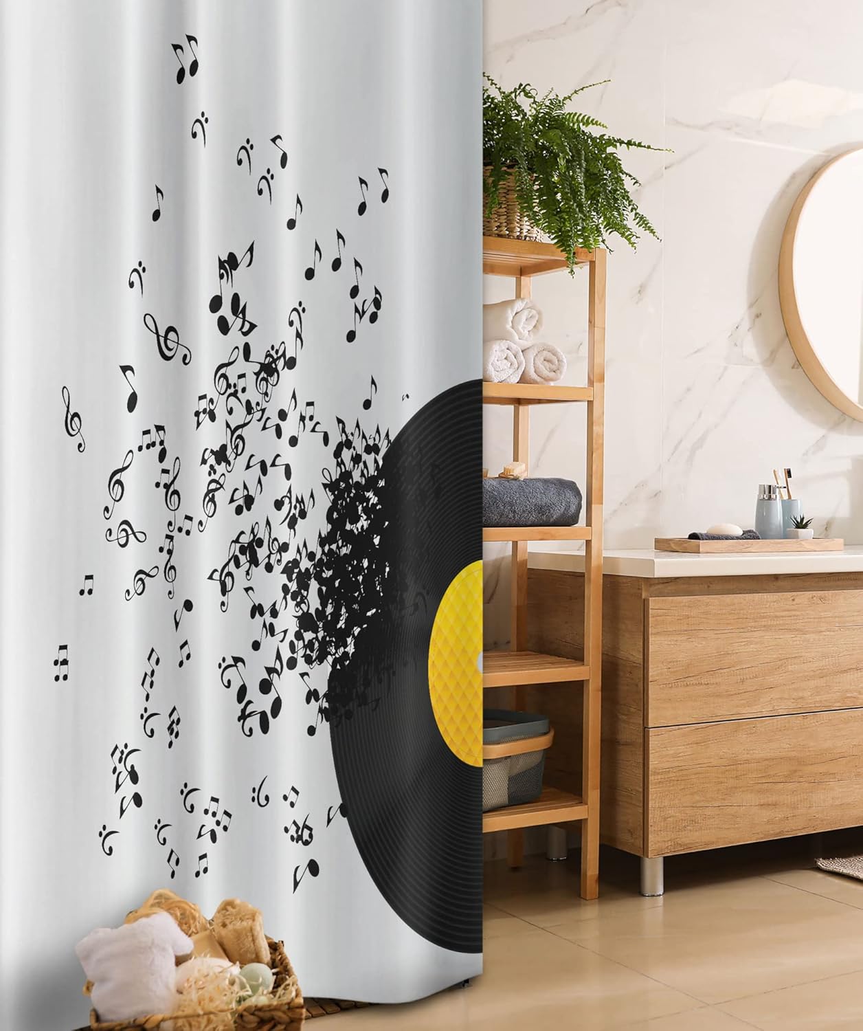 Ambesonne Music Stall Shower Curtain, Flying Music Notes Abstract Design Disc Album Dancing Nightclub Print, Fabric Bathroom Decor Set with Hooks, 36" W x 72" L, Yellow Black Ivory