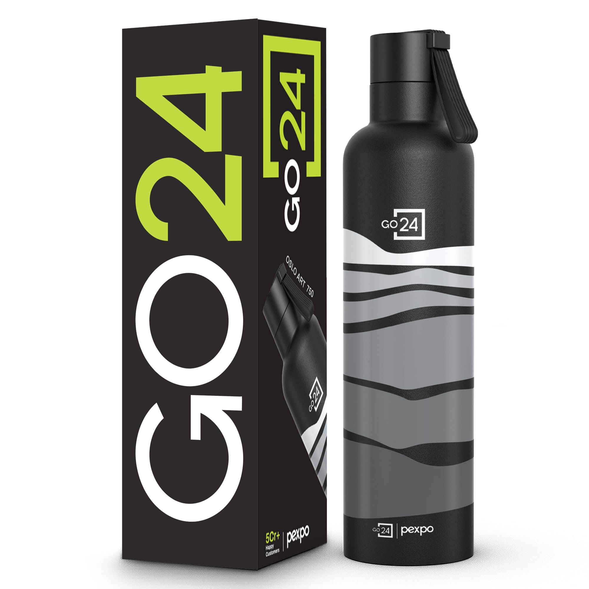 Go24 pexpo Stainless Steel Water Bottle Oslo Black - Grey Wave 750ml