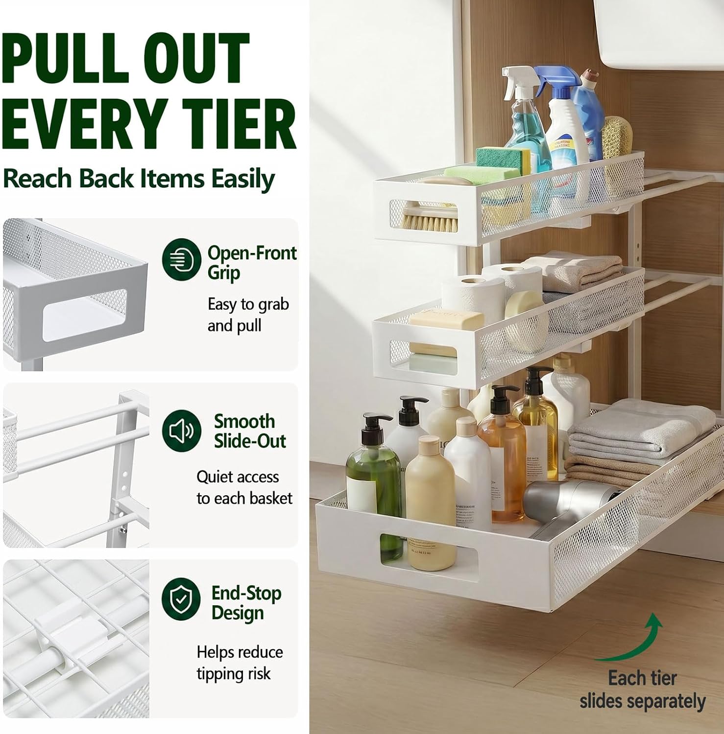 3 Tier Under Sink Organizer,2 Pack Pull Out Cabinet Shelves with Adjustable Height,Heavy Duty Carbon Steel L-Shaped Storage for Kitchen Bathroom Sink,Pantry & Laundry,White