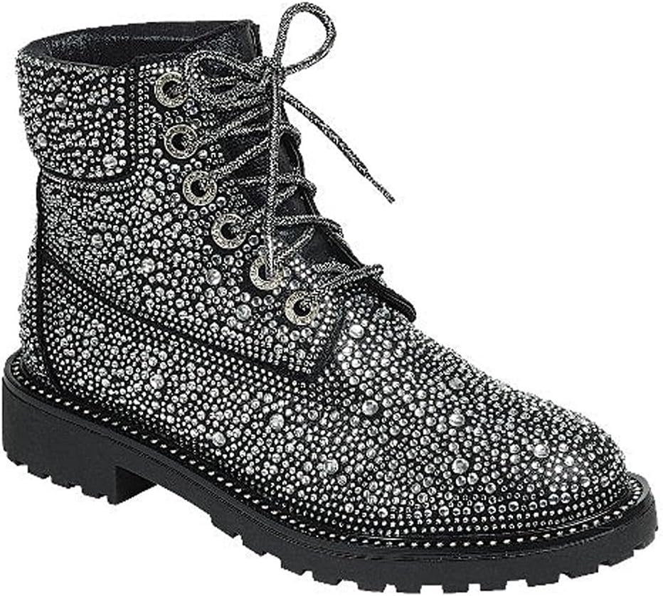 Women's Combat Ankle Boots - Rhinestone Detailing