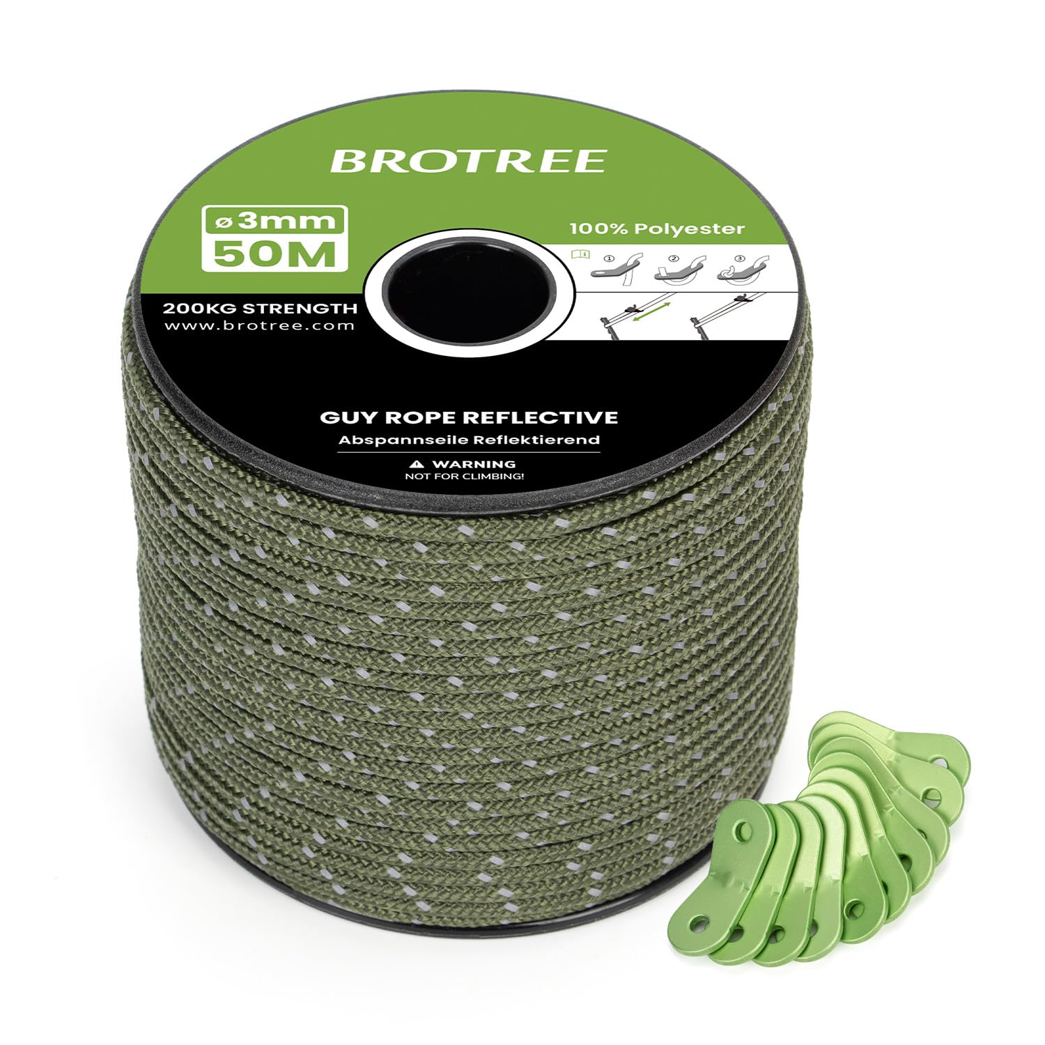 BROTREE Tent Guy Rope 3mm 50m Reflective Guy Line Heavy Duty Guide Rope with 10Pcs Aluminum Tensioners for Tent Gazebo Awning Camping (Army Green)