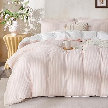 Pink Comforter King Size Set Striped 100% Soft Washed Cotton Jacquard 3 Pieces Striped Bedding Sets Pink White Comforter for All Seasons and 2 Pillowcases Comfort Breathable