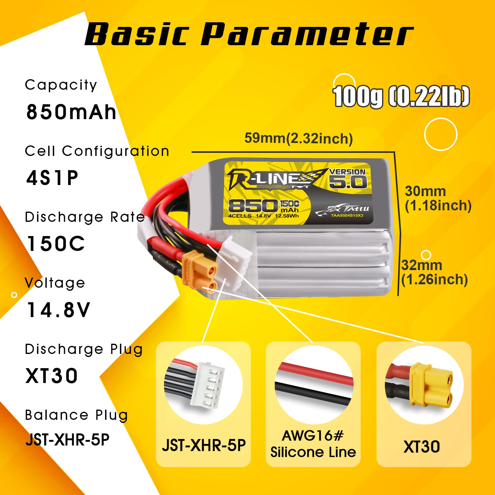 TATTU 4S Lipo akumulator 850 mAh 14,8 V 150C XT30 do dronów FPV 3-5 cali