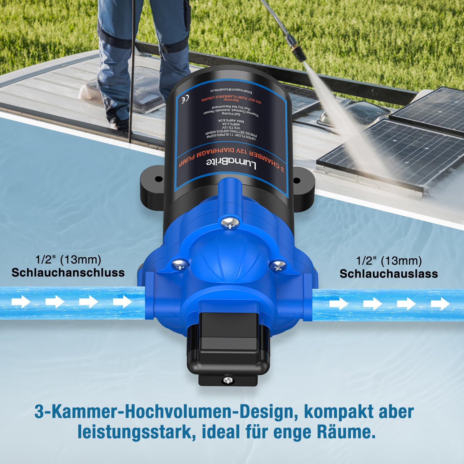 Wasserpumpe 12V Druckwasserpumpe, 3.0 GPM 50 PSI Wasserpumpe Selbstansaugend mit Druckschalter Wohnwagen 12v Membranpumpe für Camping Gartenbewässerung, Boote