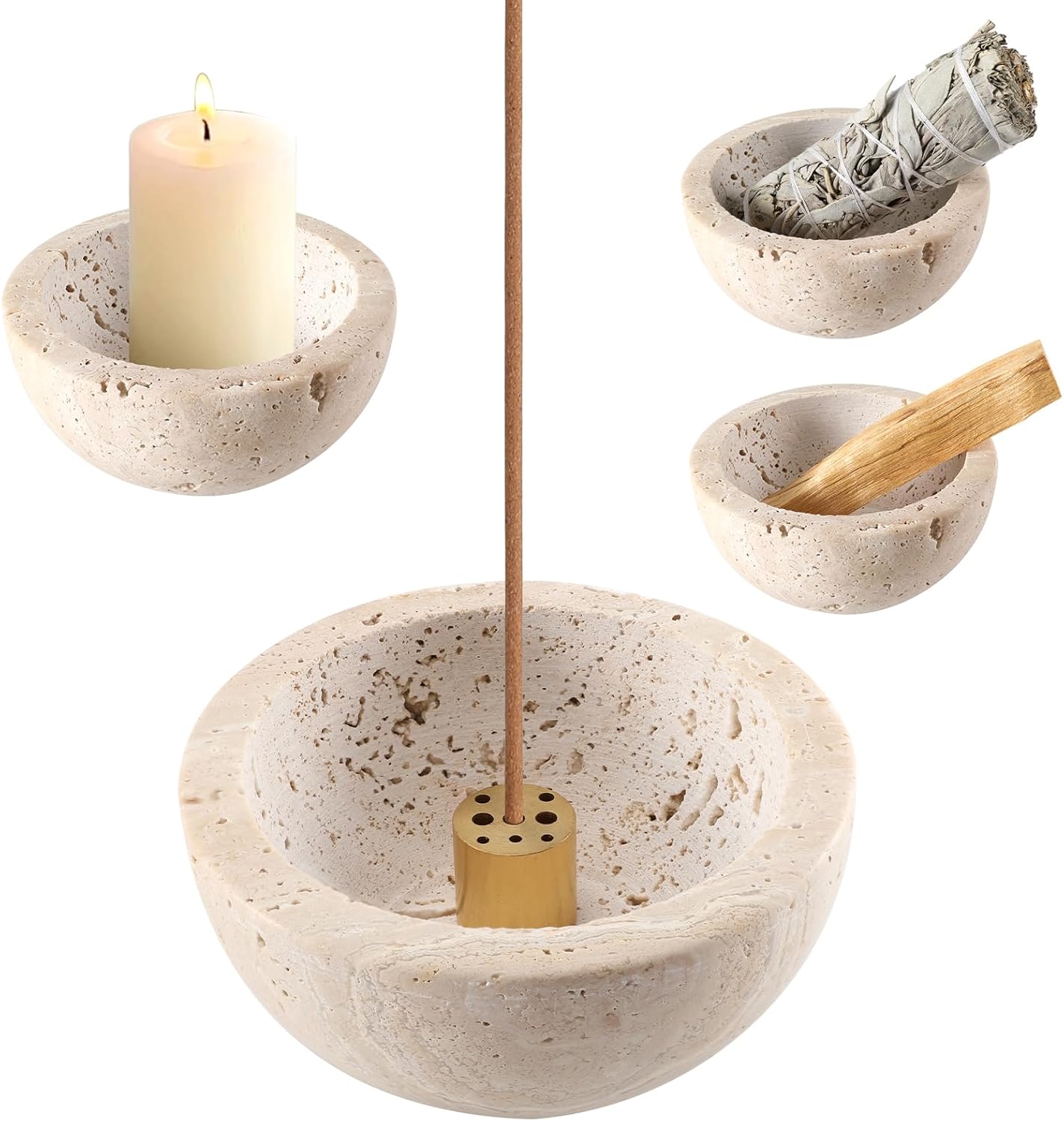 Natural Marble Incense Holder, Palo Santo and Sage Burner, Handmade Incense Burner for Smudging, Incense Burning, and Home Decoration (Cream)
