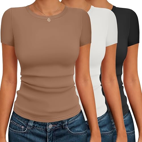 Ekouaer Womens Short Sleeve Shirts 3 Pack Crew Neck Tops Slim Fit Basic Tees Trendy Clothes Base Layer