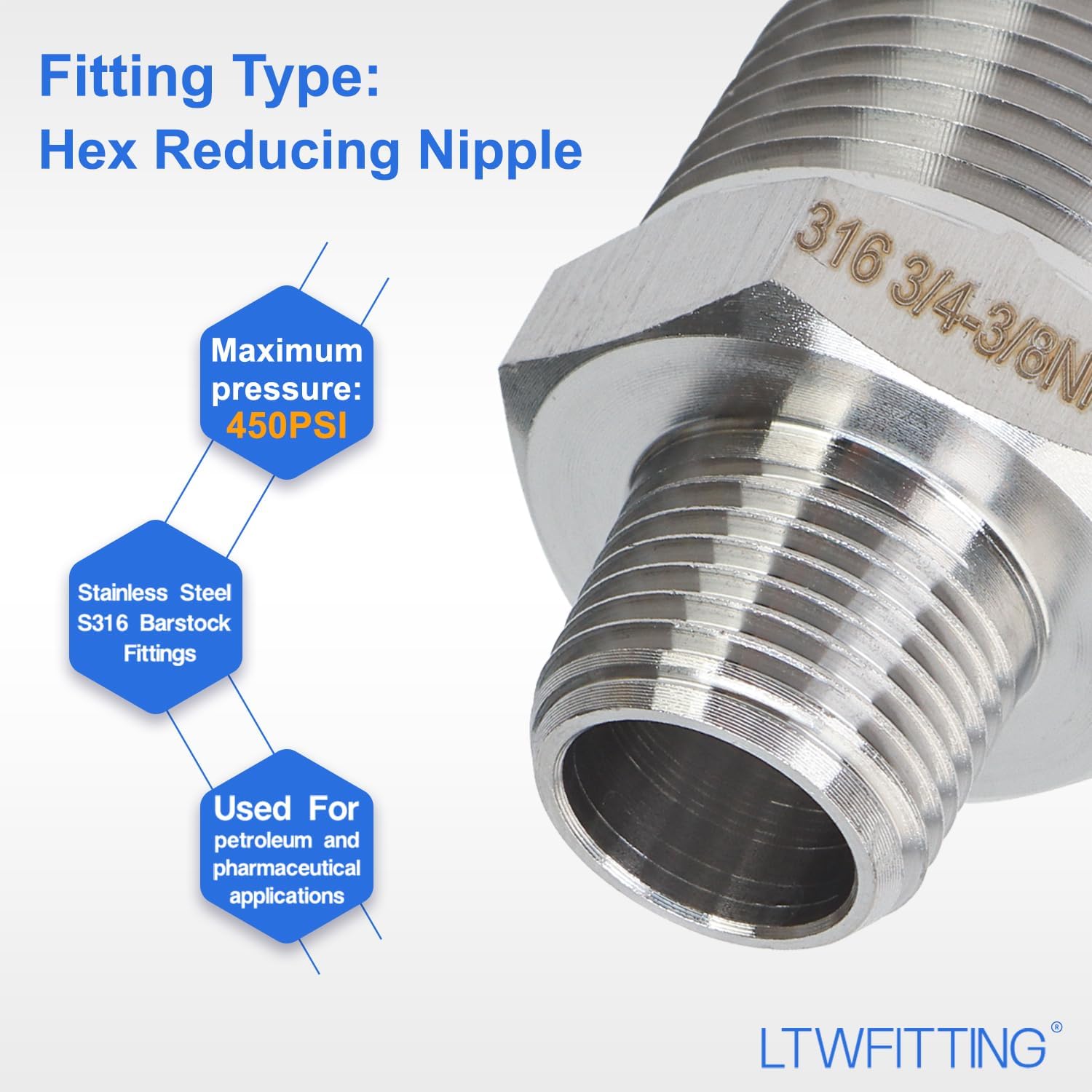LTWFITTING Bar Production Stainless Steel 316 Pipe Hex Reducing Nipple Fitting 3/4" x 3/8" Male NPT Water Boat (Pack of 5)