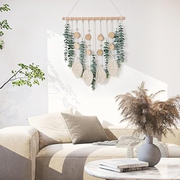 Artificial Eucalyptus Wall Hanging Decor Fake Plant Greenery Leaves Boho Wall Decor with Wooden Stick for Bedroom Bathroom Kitchen Rustic Farmhouse Home Living Room Decoration | ASTNIC Boho Handmade Woven Greenery Leaves Tapestry with Wooden Stick for Kitchen Bedroom Bathroom Living Room Wall Decor