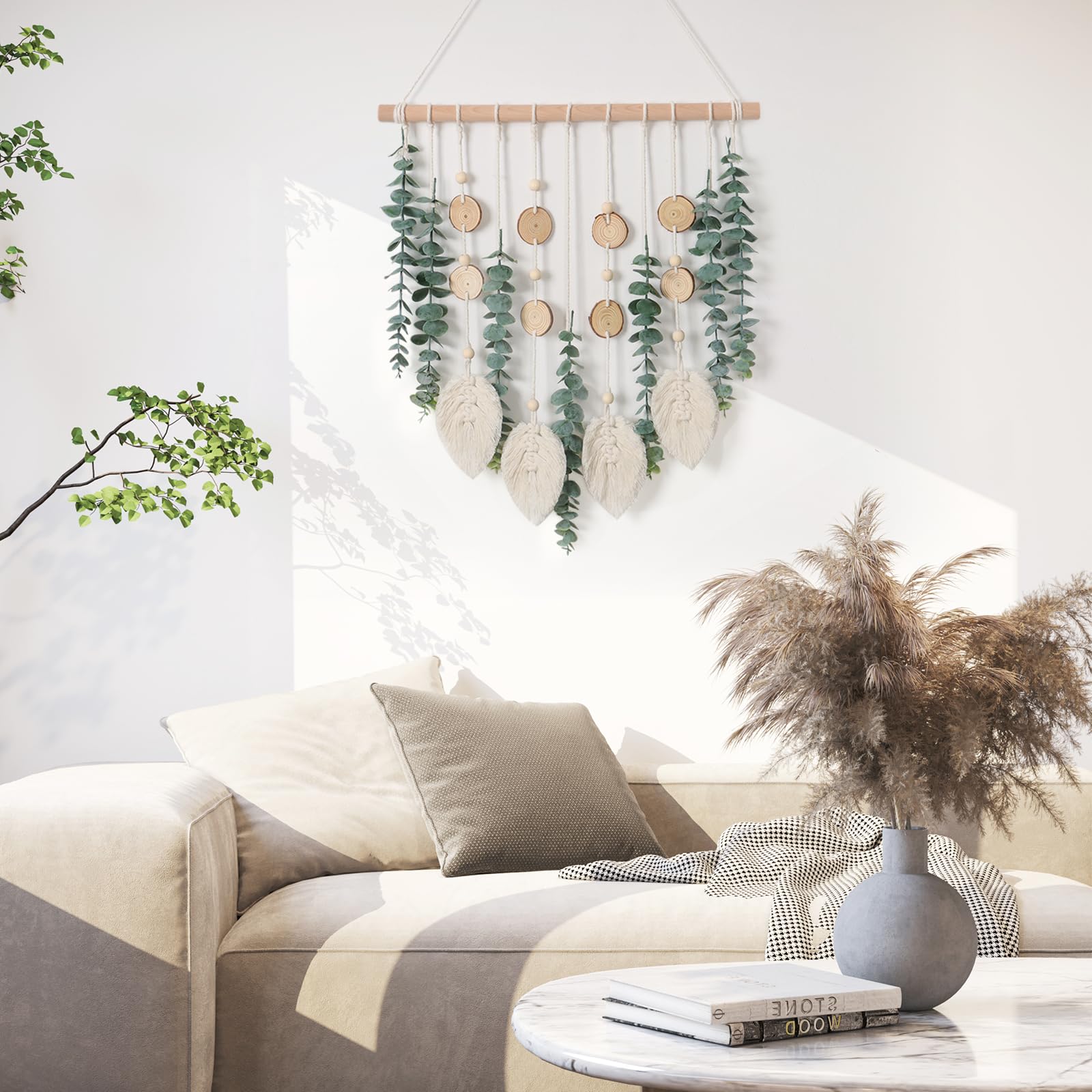 Eucalipto artificial para colgar en la pared, decoración de vegetación sintética con tallos de eucalipto falsos, plantas de palo de madera, hojas de macramé, bohemio, bohemio, bohemio, arte de 4