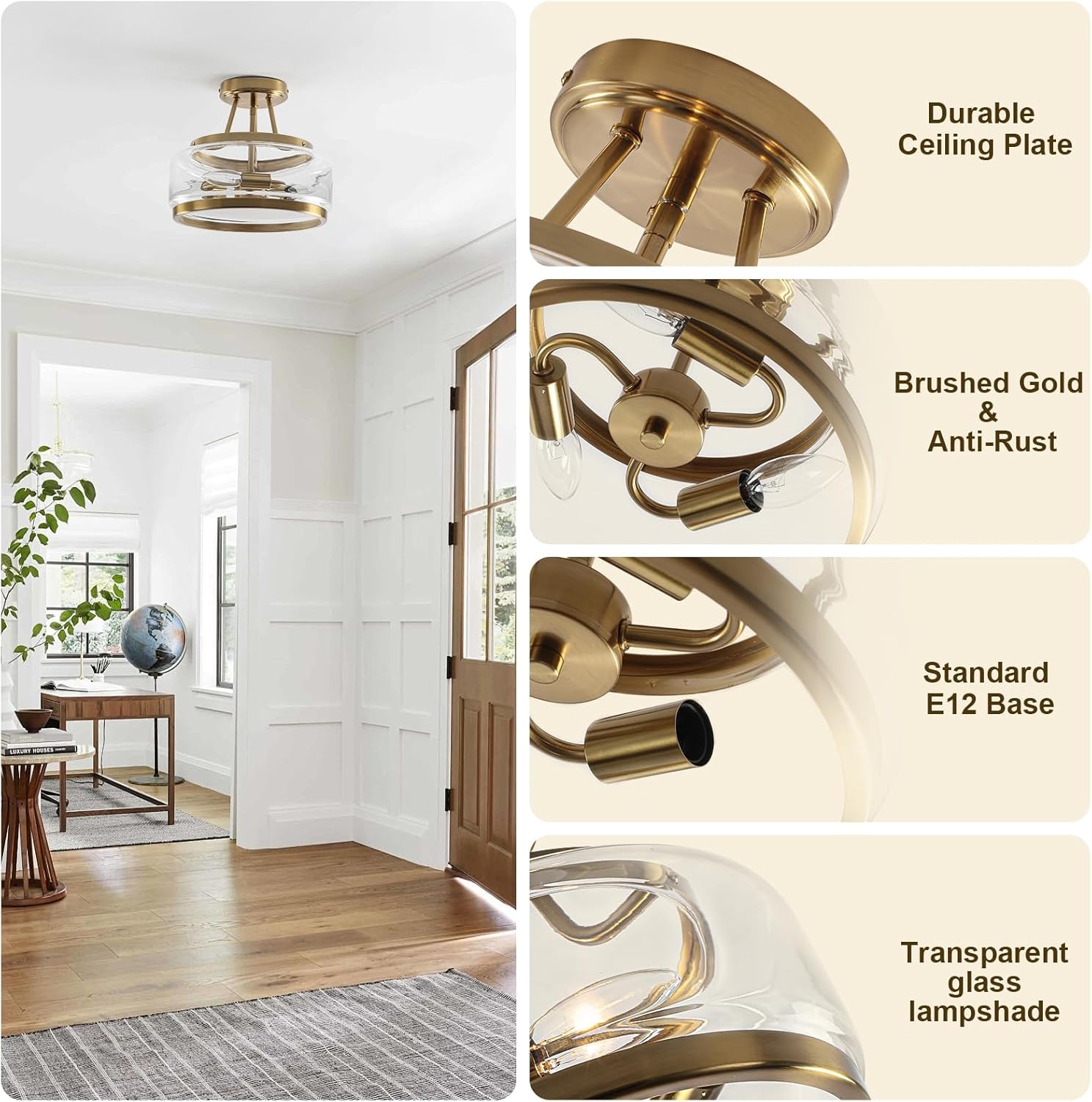 11.8" Gold Semi Flush Mount Ceiling Light, Small Ceiling Lighting Modern Clear Glass Flush Mount Drum Light Fixture for Dining Room Foyer Entryway Bedroom Kitchen Bathroom 3-Light