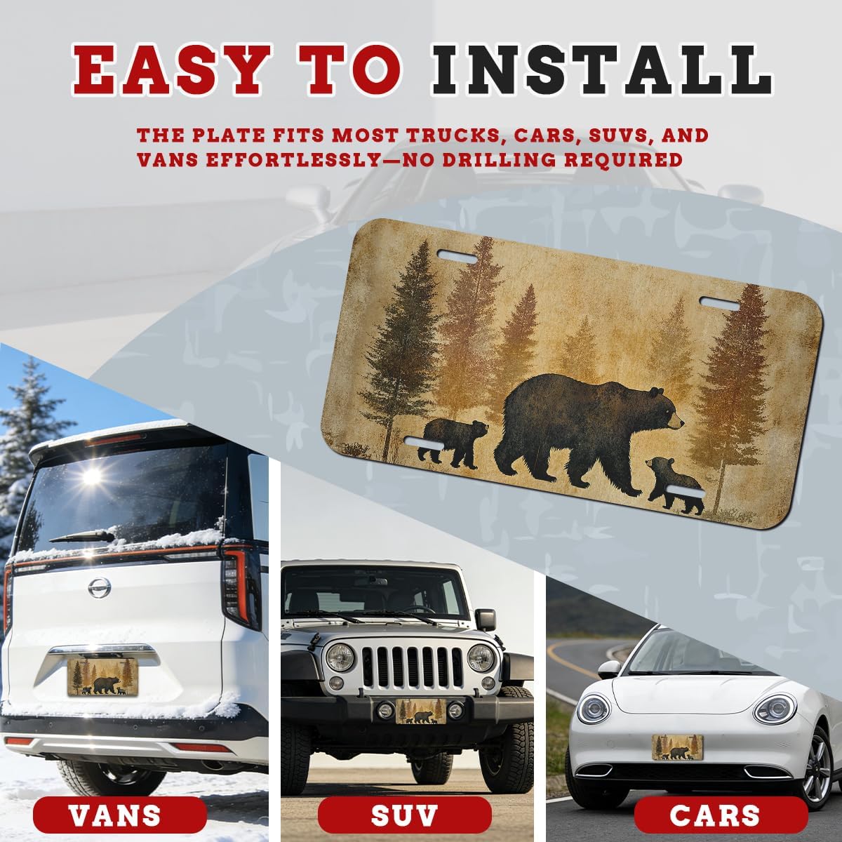 Black Bears Front License Plate Old Fashioned Fabric Pine Forest Aluminum Decorative License Plates Funny Novelty Vanity Tag Cover Car Decor Accessory with 4 Holes for Men Women 12×6 Inch image 3