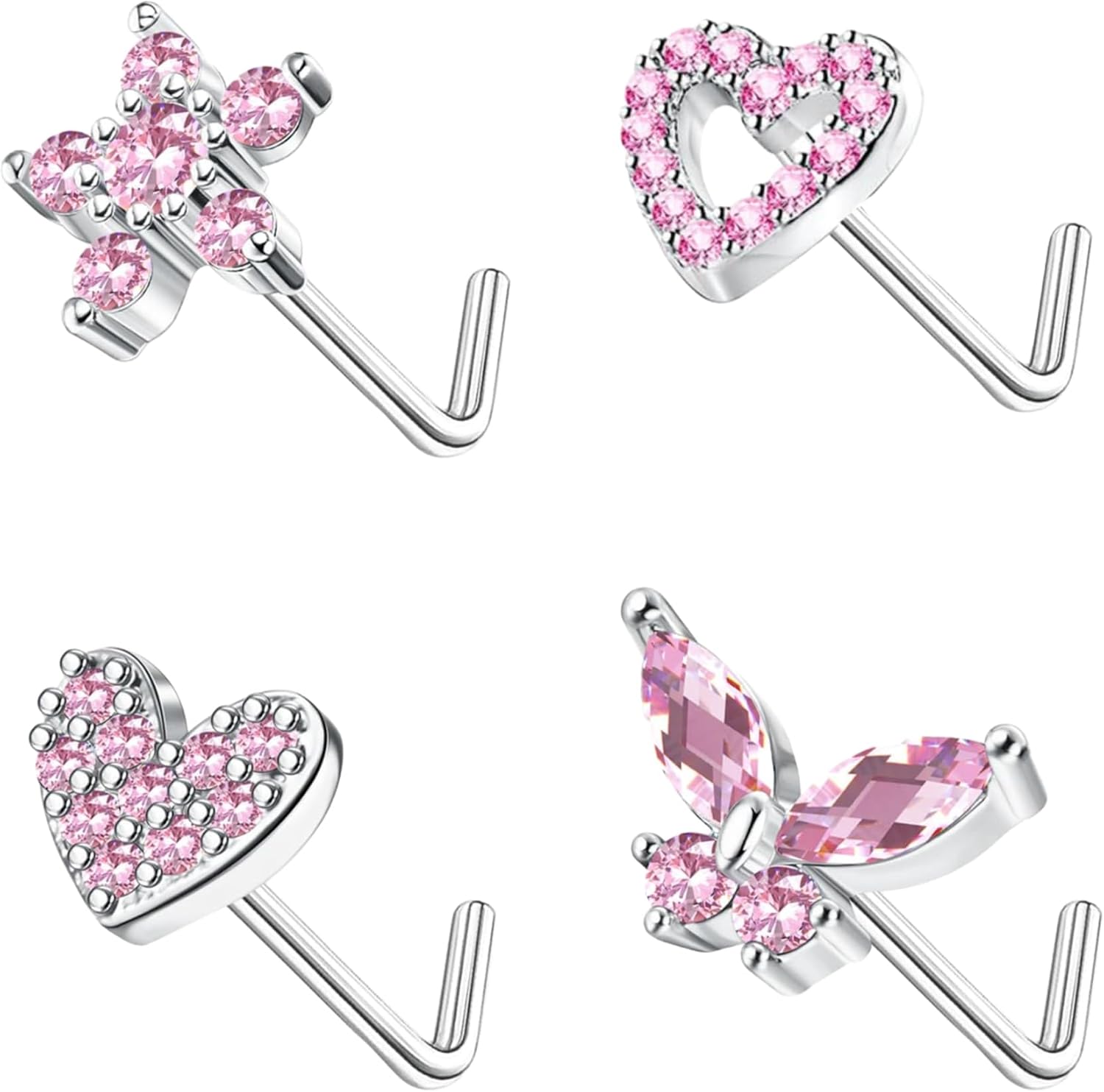 4pcs 20G Nose Rings - L Shaped & Dangle Nose Studs - Stainless Steel Butterfly Heart Designs - Body Piercing Jewelry for Women & Men
