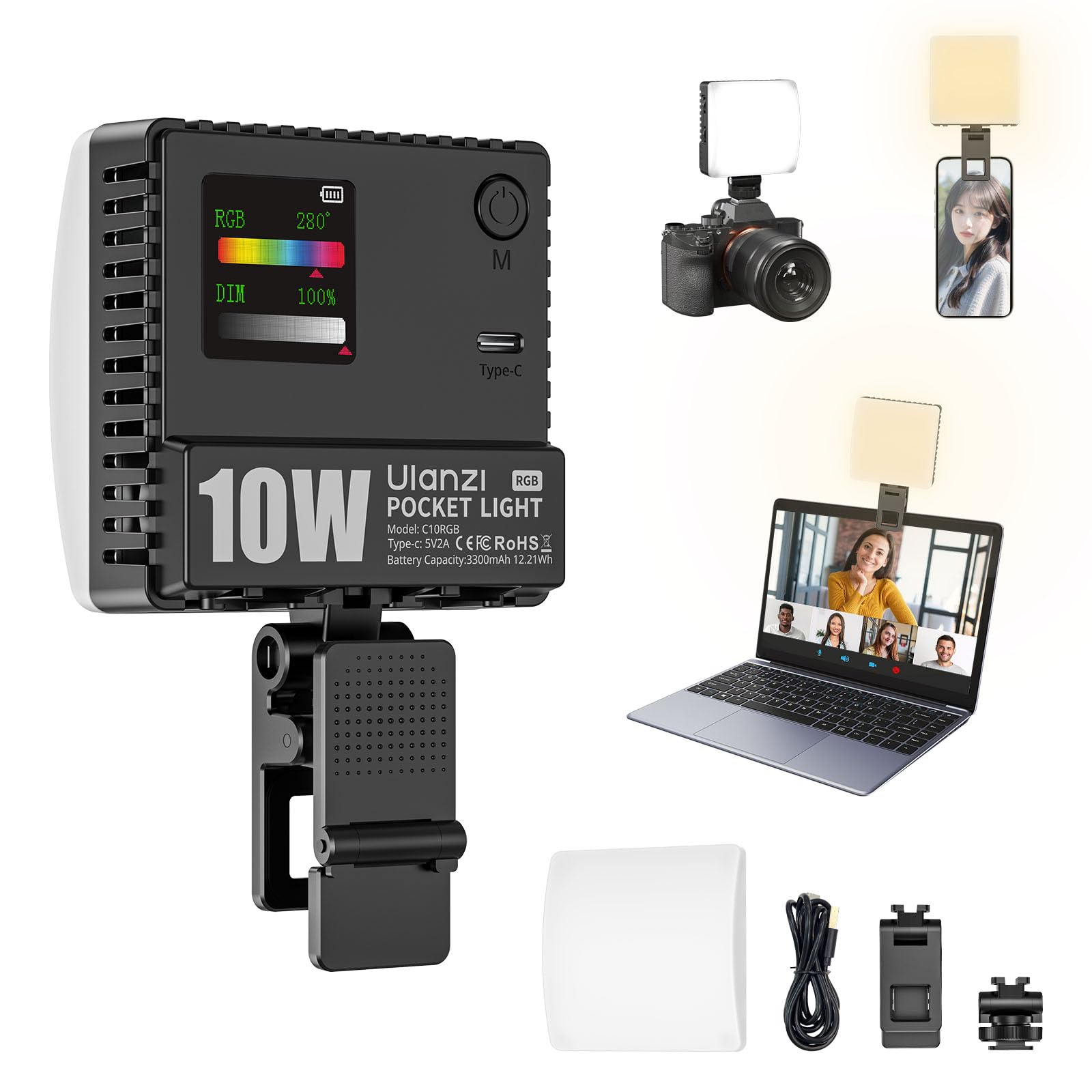ULANZI C10RGB Luz LED Fotográfica de 10 W, Luz de Vídeo RGB Portátil de 1800K-9000K, Batería Integrada de 3300 mAh con Clip para Teléfono y Soporte de Zapata Fría, Fotografía con Cámara, Youtube