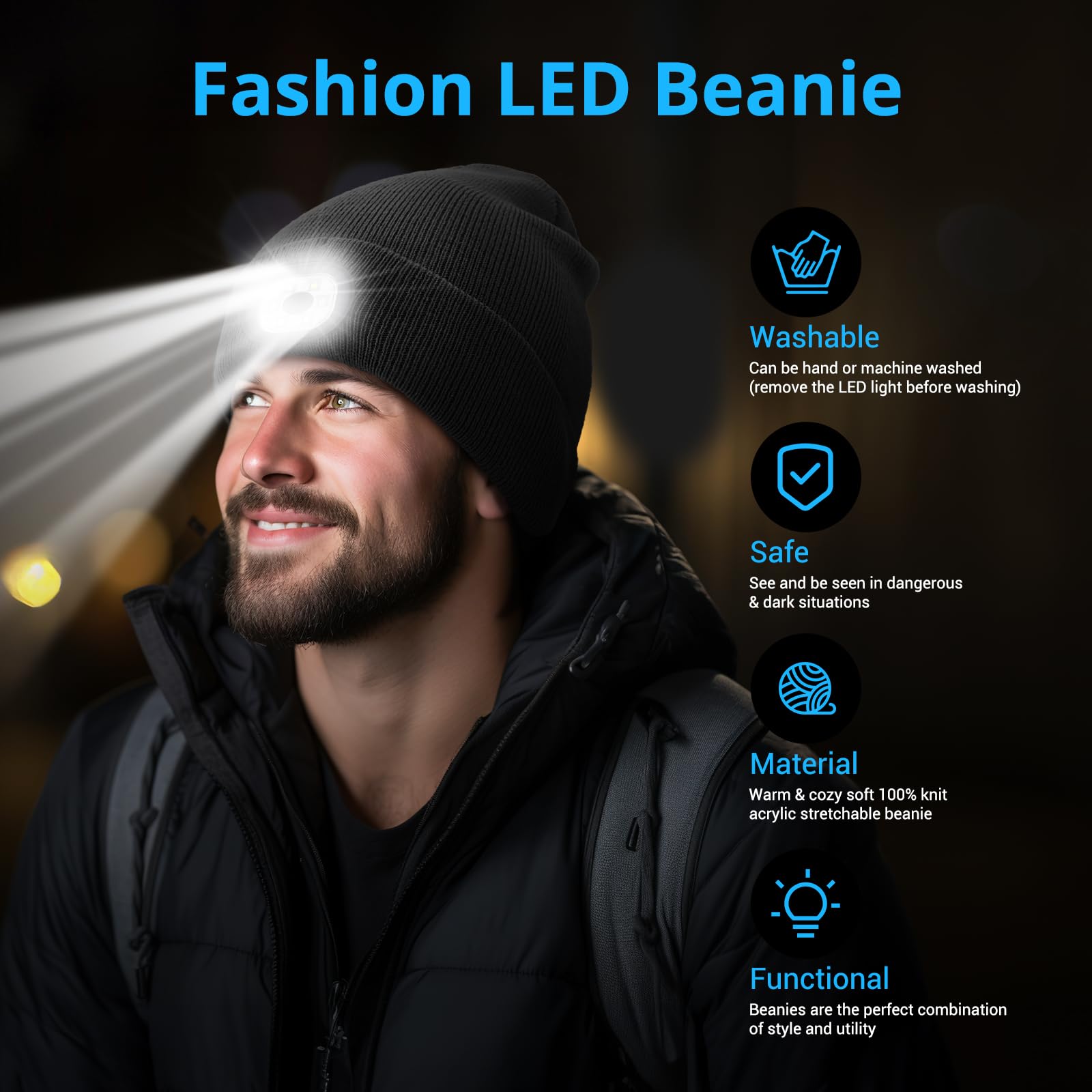Beanie Hat Built-in Light Rechargeable LED Cap Soft Acrylic Knitted Winter Hat for Men Women Gift, Black, Medium 1