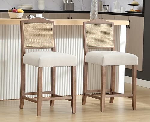 Juego de 2 taburetes de bar de ratán con respaldo de madera, sillas altas tapizadas para desayuno, taburete de isla de cocina para el hogar, barpub,