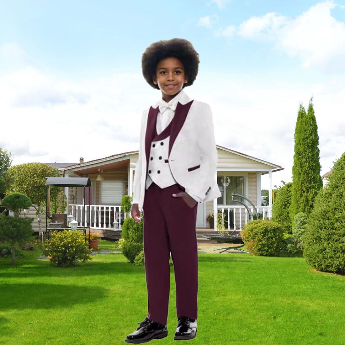Mi Bo Tong Boy's Suit 3 Piece One Button Blazer Pants and Waist Adjustable Vest for Wedding Performance FormalSets