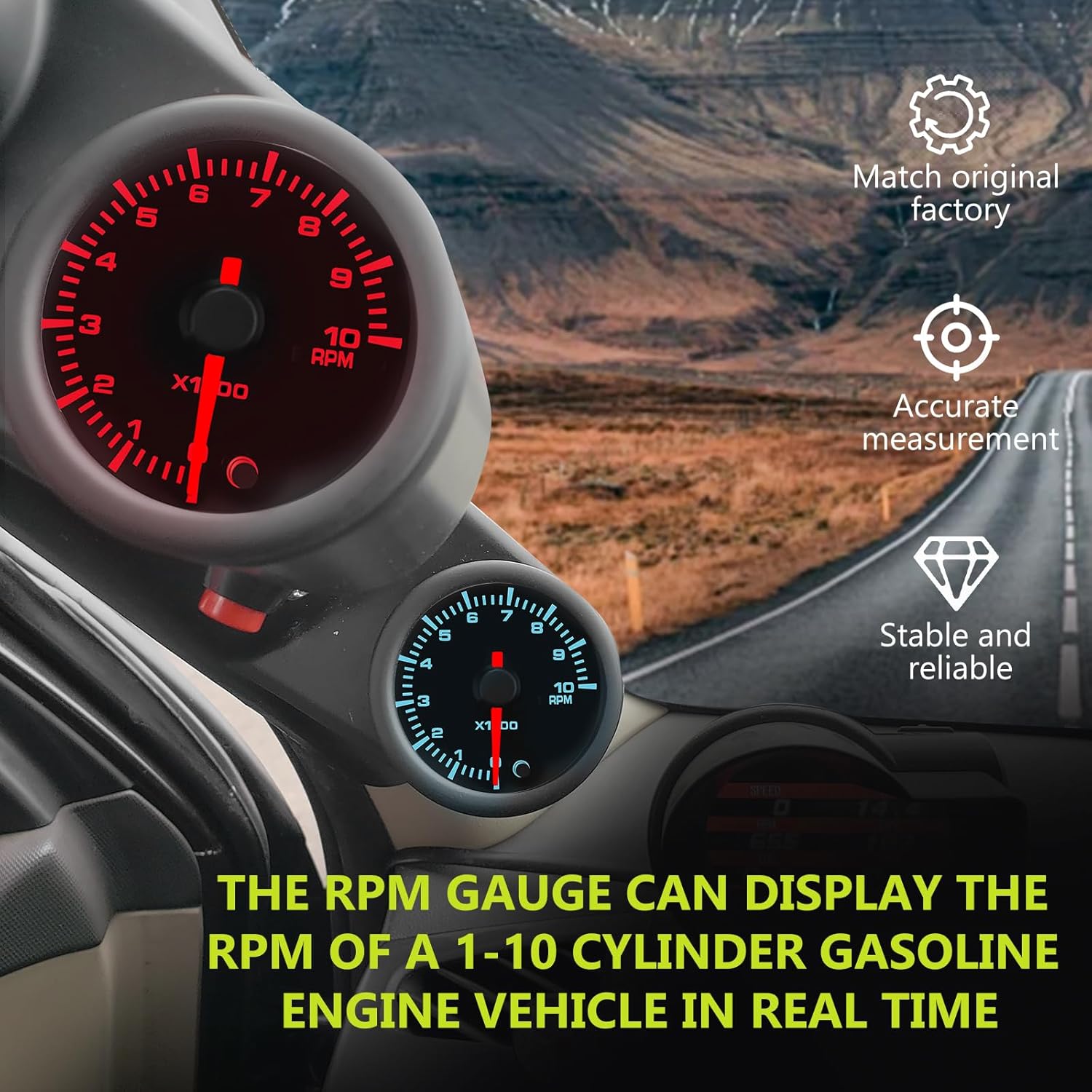 7 Color RPM Gauge, 10,000 RPM Tachometer Tach Gauge Kit 2-1/16" 52mm LED Backlight - Black Dial - Clear Lens - Accurately Displays The RPM of Vehicles with 1-10 Cylinder Gasoline Engines