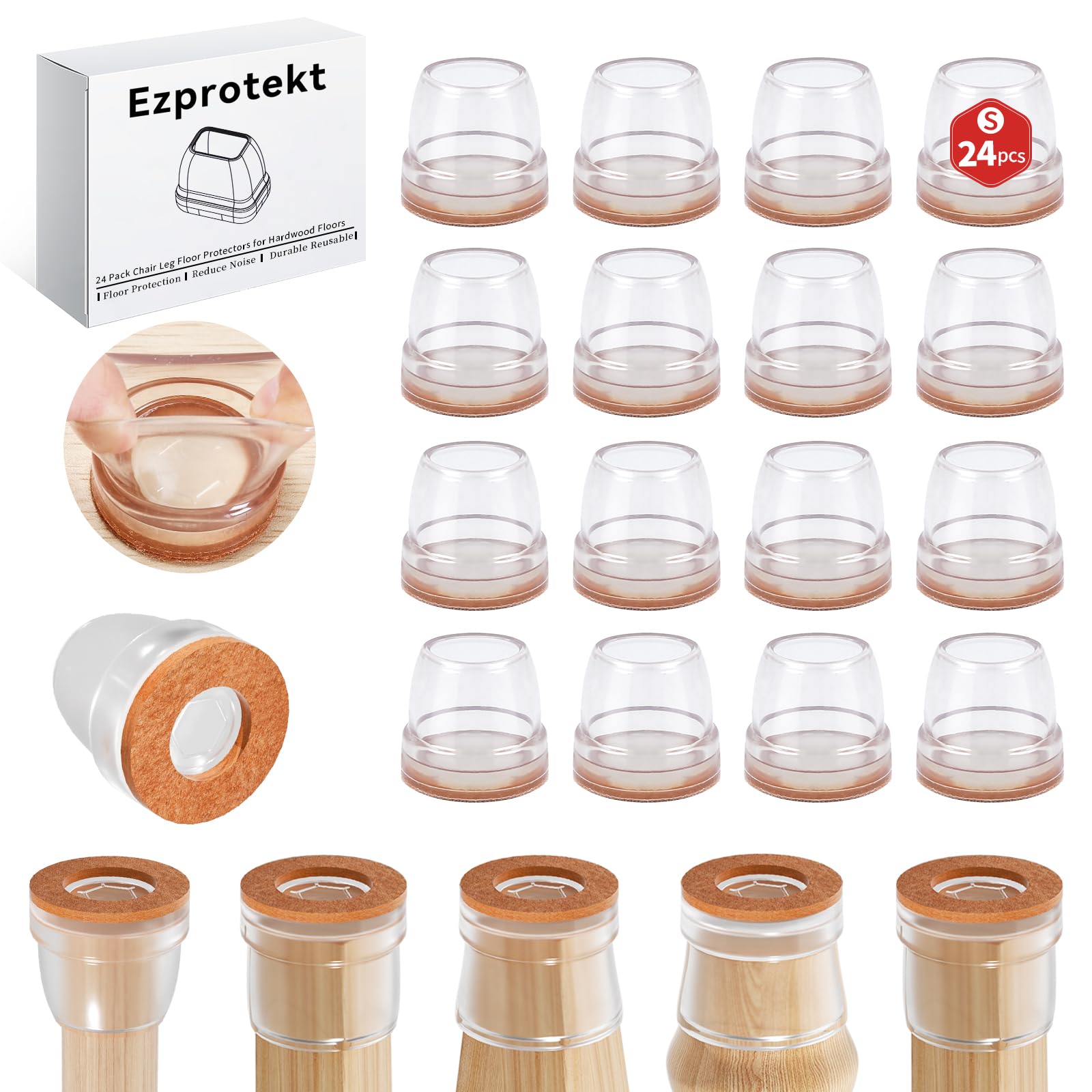 Ezprotekt 24 Stück Stuhlbeinabdeckungen, Ø16-20mm Schutzkappen Für Stuhlbeine mit Filz kleine Transparent Silikon Bodenschoner mit umwickelten Filz Gummi Stuhlbeinkappen Möbelfüße