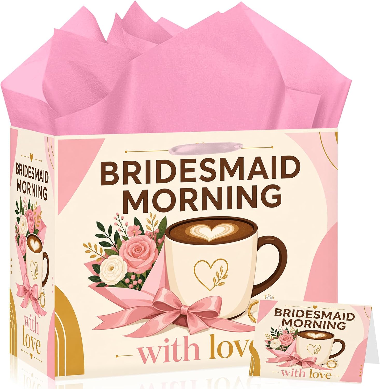 Bridesmaid Gift Bag Set with Pink Tissue Paper Greeting Card Decorations