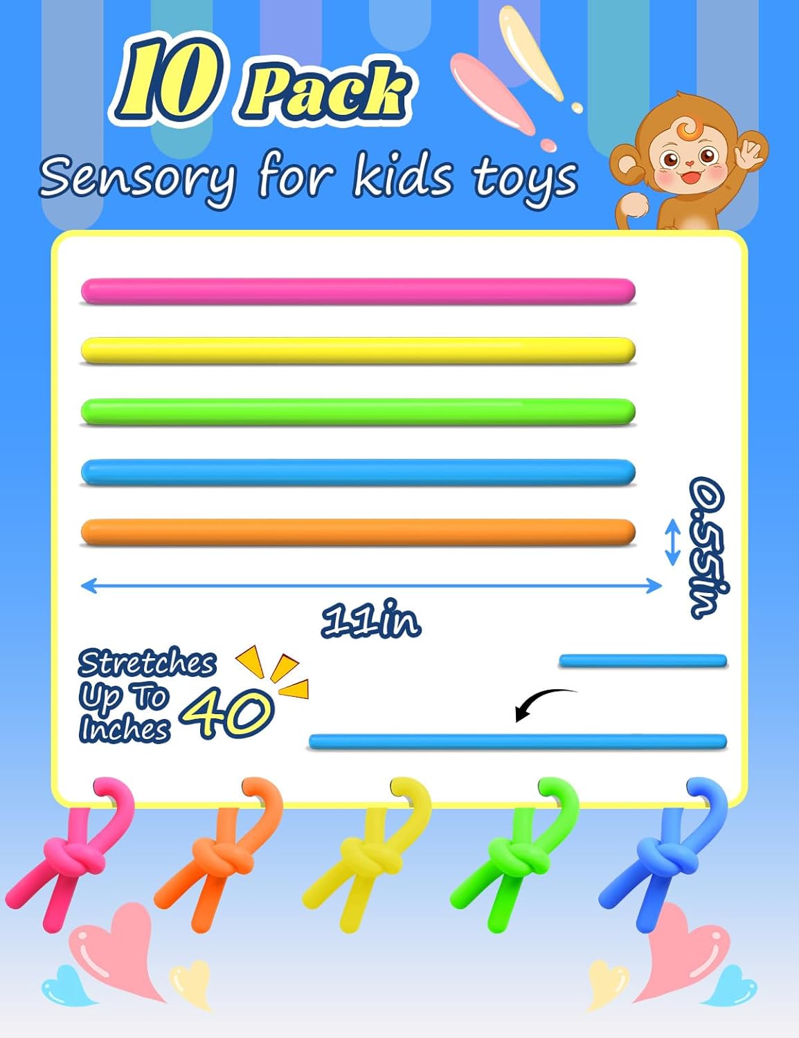 10 Pack Sensory Toys for Kids – Upgraded Extra-Thick Stretchy Sensory Strings for Autism, ADHD, Anxiety – Gift Box, Perfect Stocking Stuffers for Boys & Girls, Ideal for Travel or Classroom (Smooth)