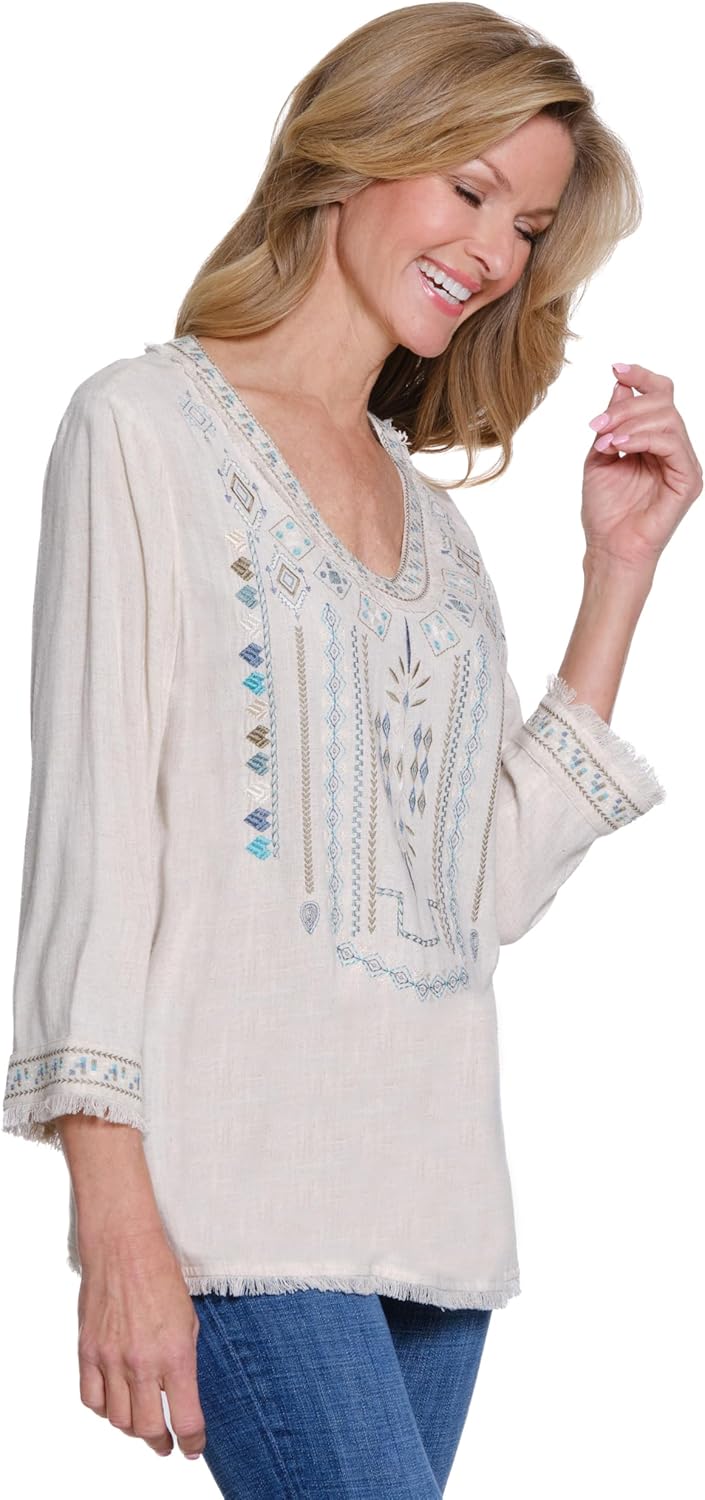 MULTIPLES Womens Clothing | Three Quarters Sleeve V-Neck Top with Embroidery | Dressy & Casual Clothing for Women (Multi | M)