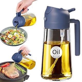YARRAMATE 16oz/470ml Glass Olive Oil Sprayer for Cooking with Stickers, 2 in 1 Oil Dispenser for Kitchen Gadgets, Food Grade Premium Spray Bottle with Portion Control for Salad, BBQ (Navy) - Amazon product rated Grade A