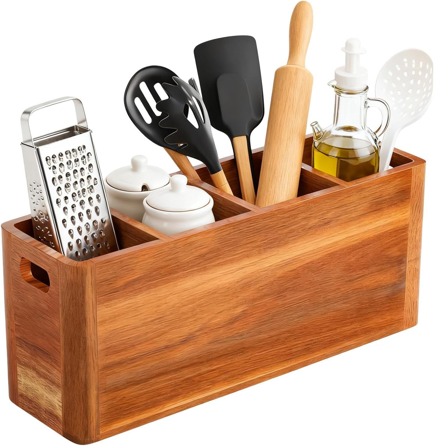 Wooden Kitchen Utensil Rack – 2/3/4 compartment cutlery storage, farmhouse countertop organizer, acacia wood utensil jar | stylish design for spoons spatulas kitchen countertop home use