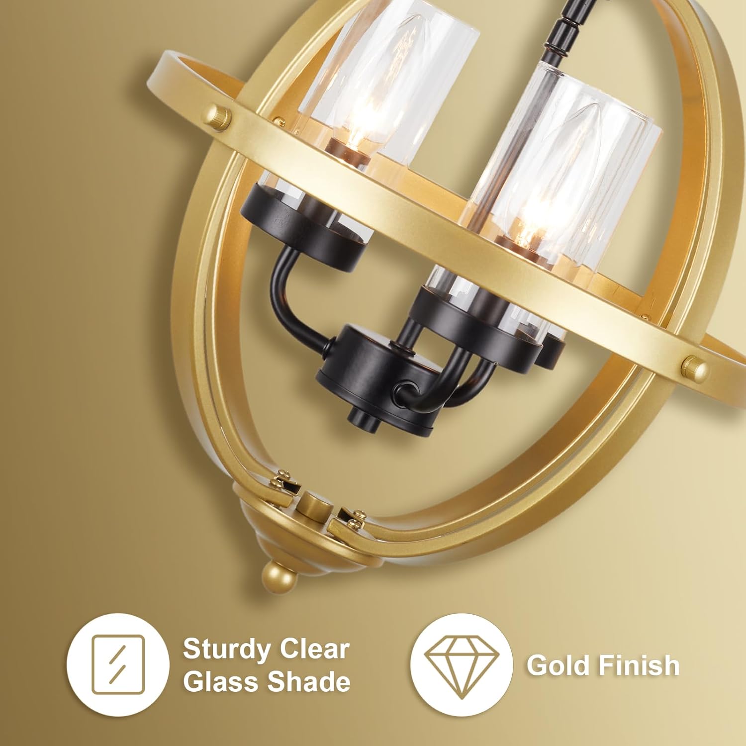 Treekee Rustic Chandelier, 14" Gold Glass Cover Luxurious Hanging Light, 3-Light Globe Vintage Pendant Ceiling Light Fixtures for Living Room Entryway Dining Room