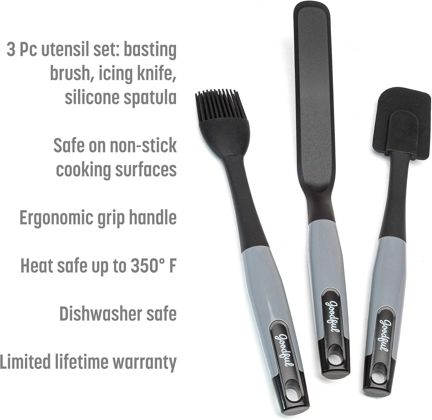 Goodful Nylon Kitchen Tool, Safe for Non-Stick Cookware, 3 pc Pastry set, Black