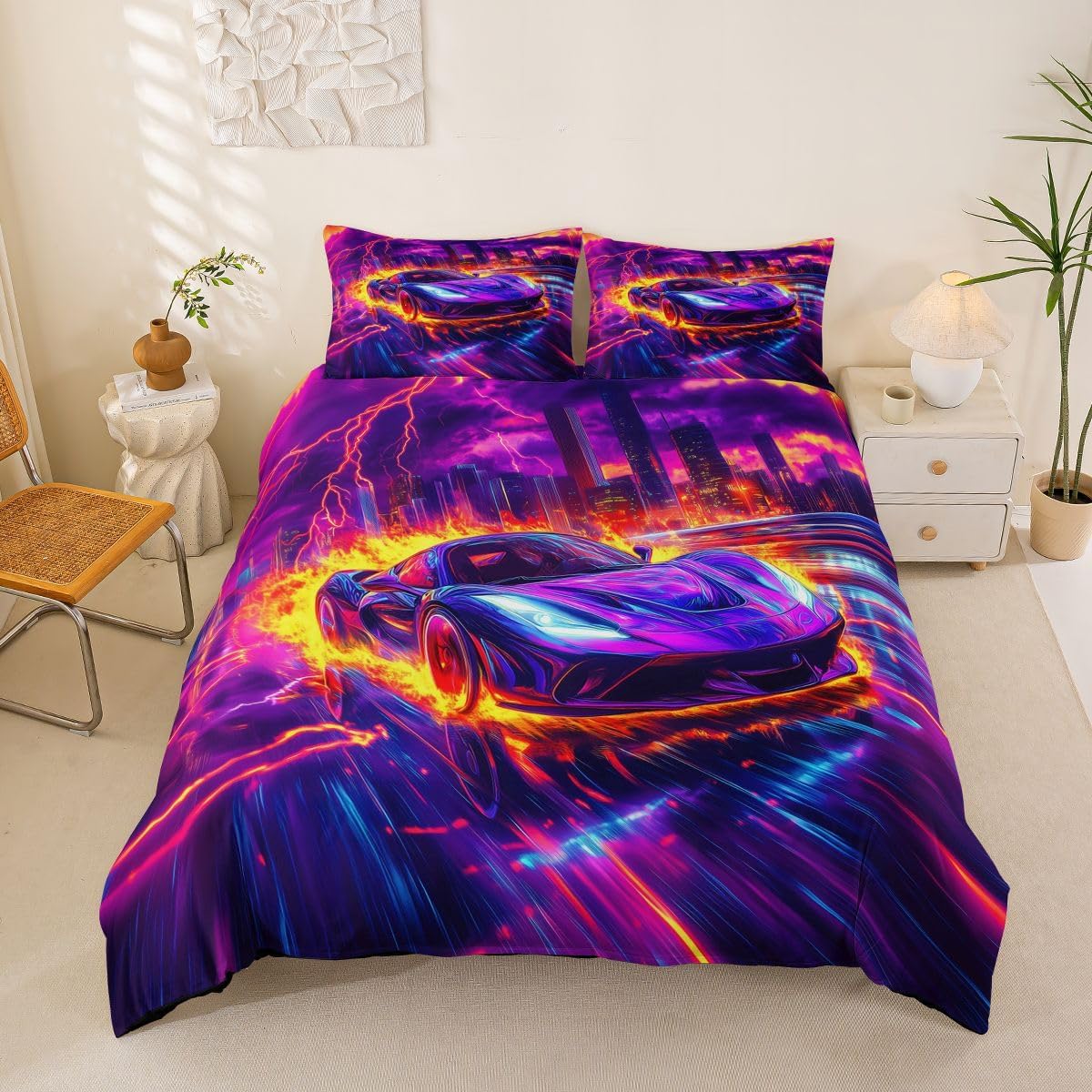 Feelyou Blue Car Duvet Cover Twin Size Thunderstorm Day Comforter Cover for Boys Girls Sports Car Bedding Set 2Pcs Rainy Cool Room Decor No Comforter Breathable Soft Lightweight Microfiber