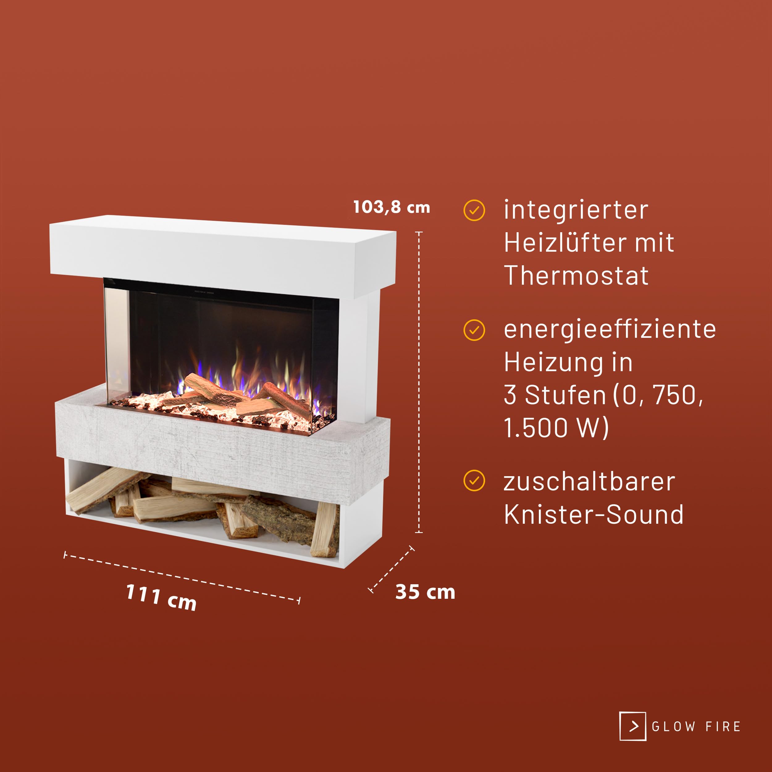 GLOW FIRE Kaminofen PR5 mit realistischem 3D E-Motion LED-Feuer - Stand-Elektrokamin mit Heizung, Kaminfeuer & Timer, max. 1500 W, 111x103,8x35, Weiß (Beton)