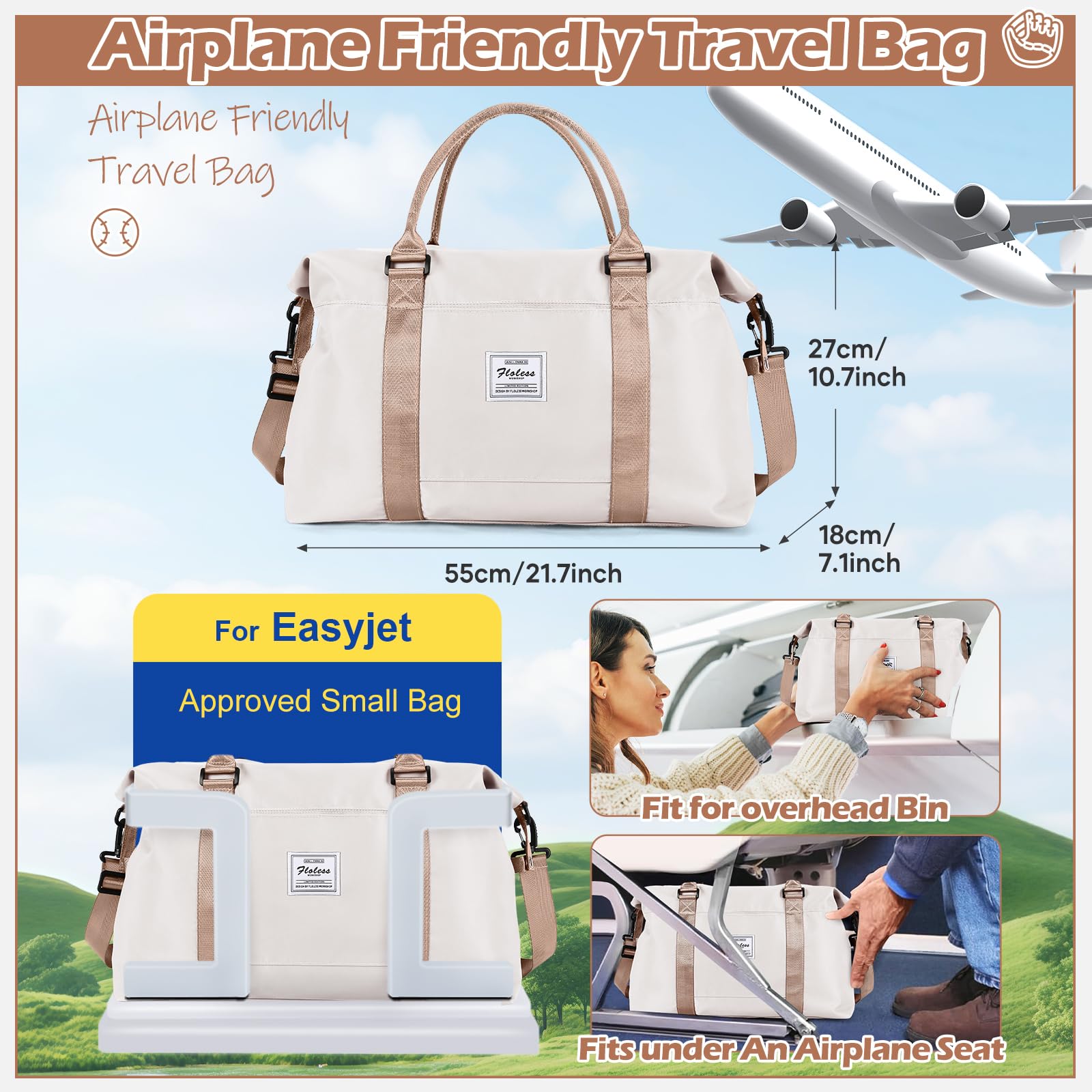 Bolsa deportiva de viaje grande para gimnasio, para mujer, bolsa de fin de semana, X-beige, Large, Deportivo