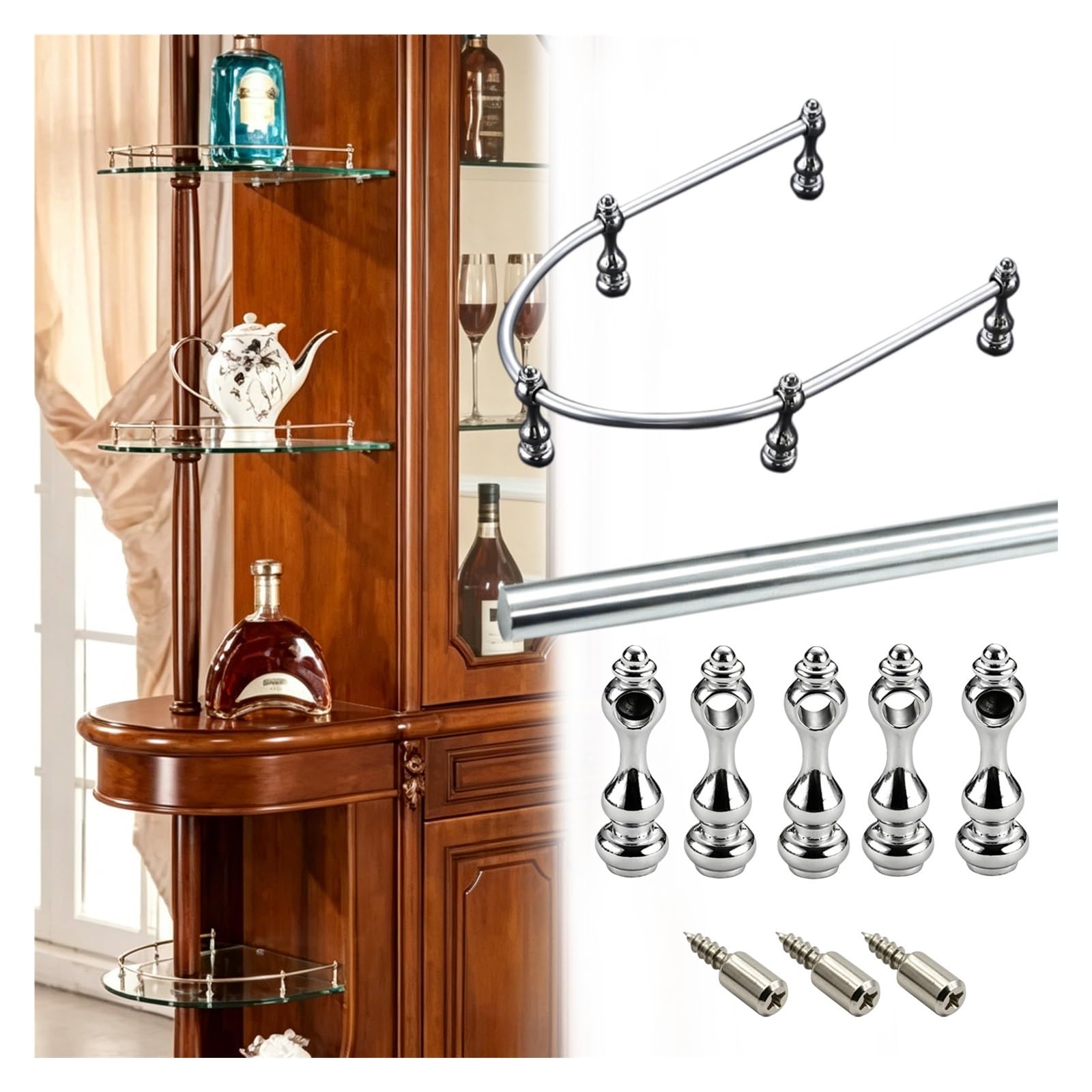 Custom Bendable Cabinet Guard Railing, Removable Aluminum Pole Guardrail with Posts & Screws, Decor Anti-Tipping Gallery Rails for Dining Room/Living Room/Bookshelf(Silver,L 28cm/11.0")