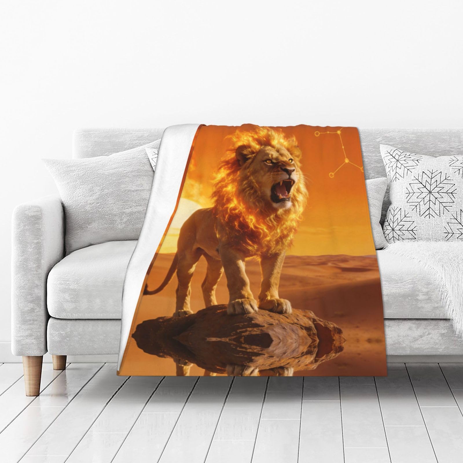 DUYIOKH Fiery Leo Lion in Desert Sunset Print Thick Throw Blanket, Blanket for Couch Bed Warm Travel Blanket for Camping Movie Night