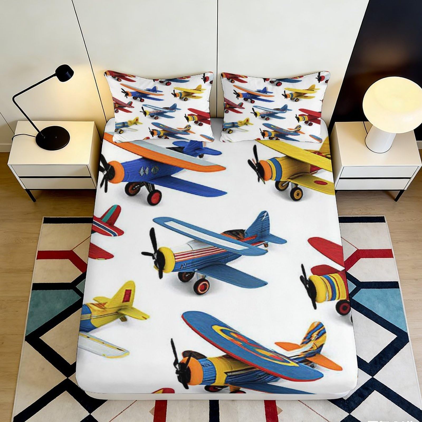 3D Printed Vintage Airplane Fitted Sheet Microfiber Soft Colourful Aircraft Bed Cover for Bedroom Dorm Mattress Decor 90x200x25cm