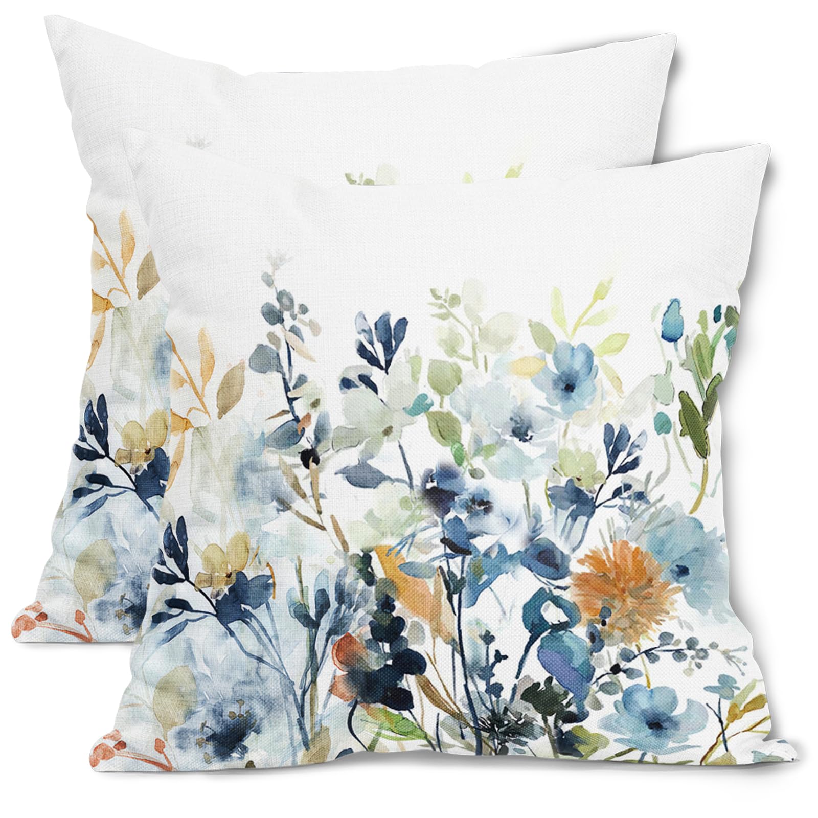 Spring Floral Throw Pillow Covers 18x18 Inch Blue Flower Decorative Outdoor Pillow Covers Sage Green Leaf Outdoor Pillow Cases Cotton Linen Cushion