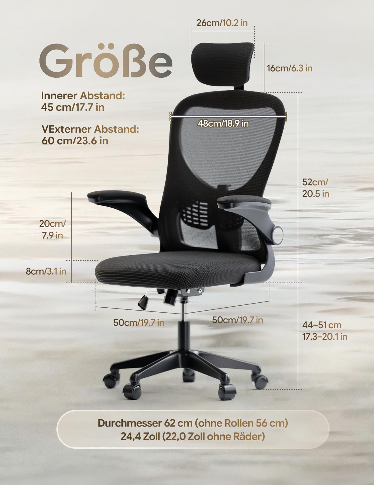 Bürostuhl, ergonomischer Schreibtischstuhl mit Verstellbarer Lendenwirbelstütze und Kopfstütze, Computerstuhl mit hoher Rückenlehne aus Netzgewebe und hochklappbaren Armlehnen