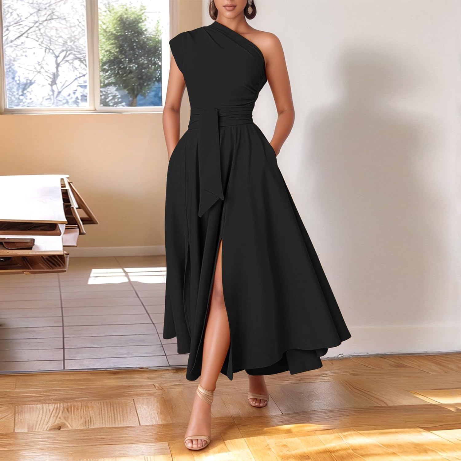 One Shoulder Dresses for Women Elegant Asymmetrical A Line Flowy Formal Evening Gowns Party Cocktail Dress - Image 2