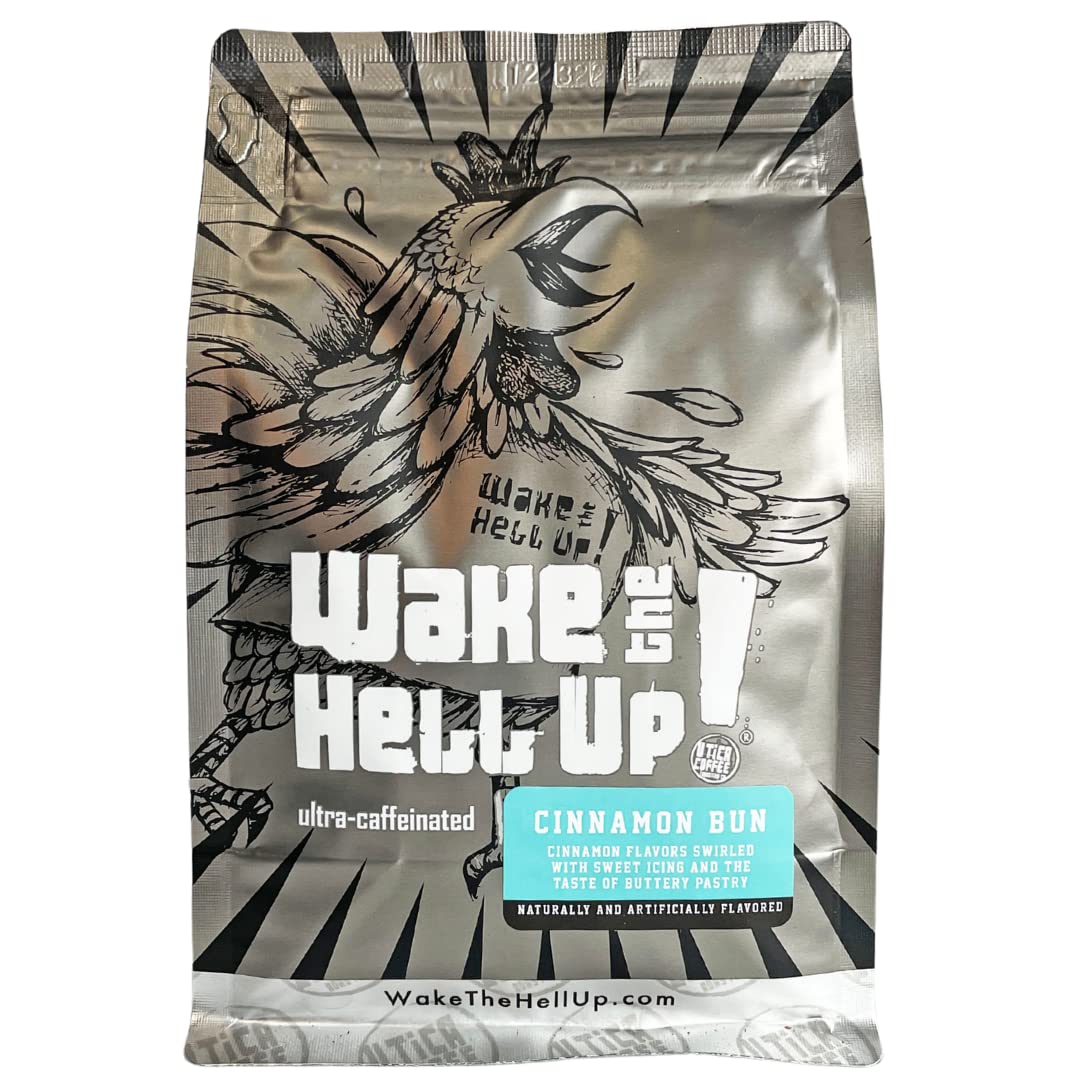 Wake The Hell Up! 12oz Ultra-Caffeinated Cinnamon Bun Ground Coffee, Low Acid, Medium-Dark Roast