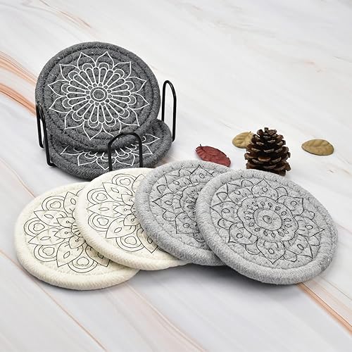 Miniatura 3 de Posavasos para bebidas absorbentes con soporte de almacenamiento juegos de 6 posavasos tejidos hechos a mano para mesa auxiliar mesa de madera gran