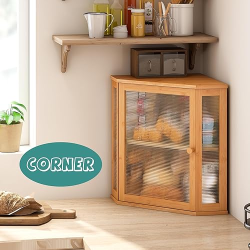 Miniatura 2 de Panera de esquina para encimera de cocina, contenedor de almacenamiento de pan de madera de bambú de gran capacidad con panel de puerta ondulado