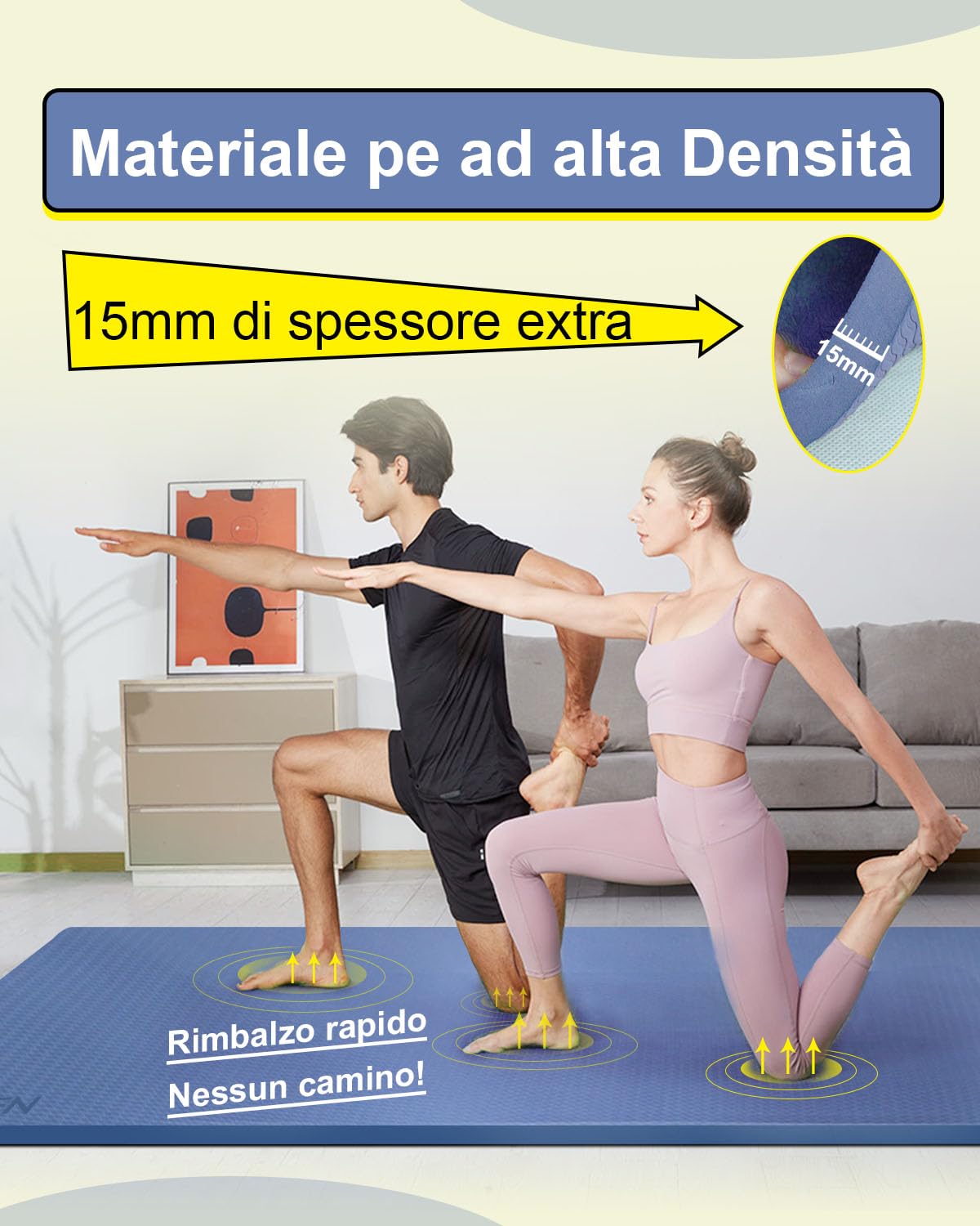 Tappetino Palestra Grande TPE 200×130cm Spesso 15mm Tappetino Fitness Antiscivolo Tappetino per Ginnastica Yoga Pilates Addominali