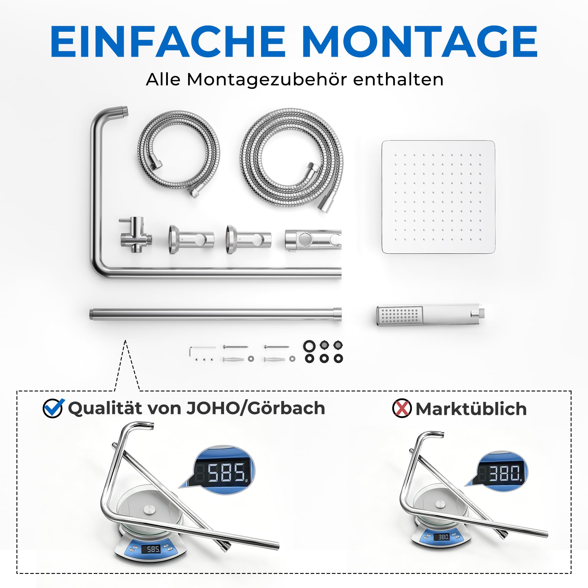 Görbach Set Doccia a Pioggia Acciaio Inox 20x20 Quadrato Soffione Doccia Doccetta a Mano