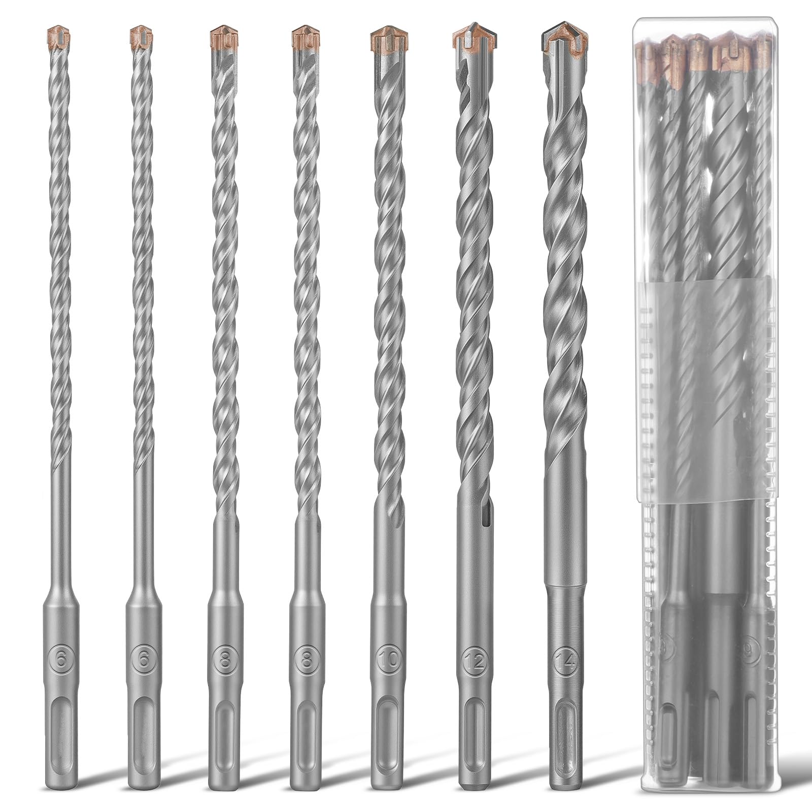 Flintronic 7 Pieces SDS Plus Drill Bits, 6/6/8/8/10/12/14 x 210 mm SDS Plus Concrete Drill Bits, with 4 Cuts of Hard Metal and Double Helix, for Drilling Concrete, Bricks, Cement, Masonry