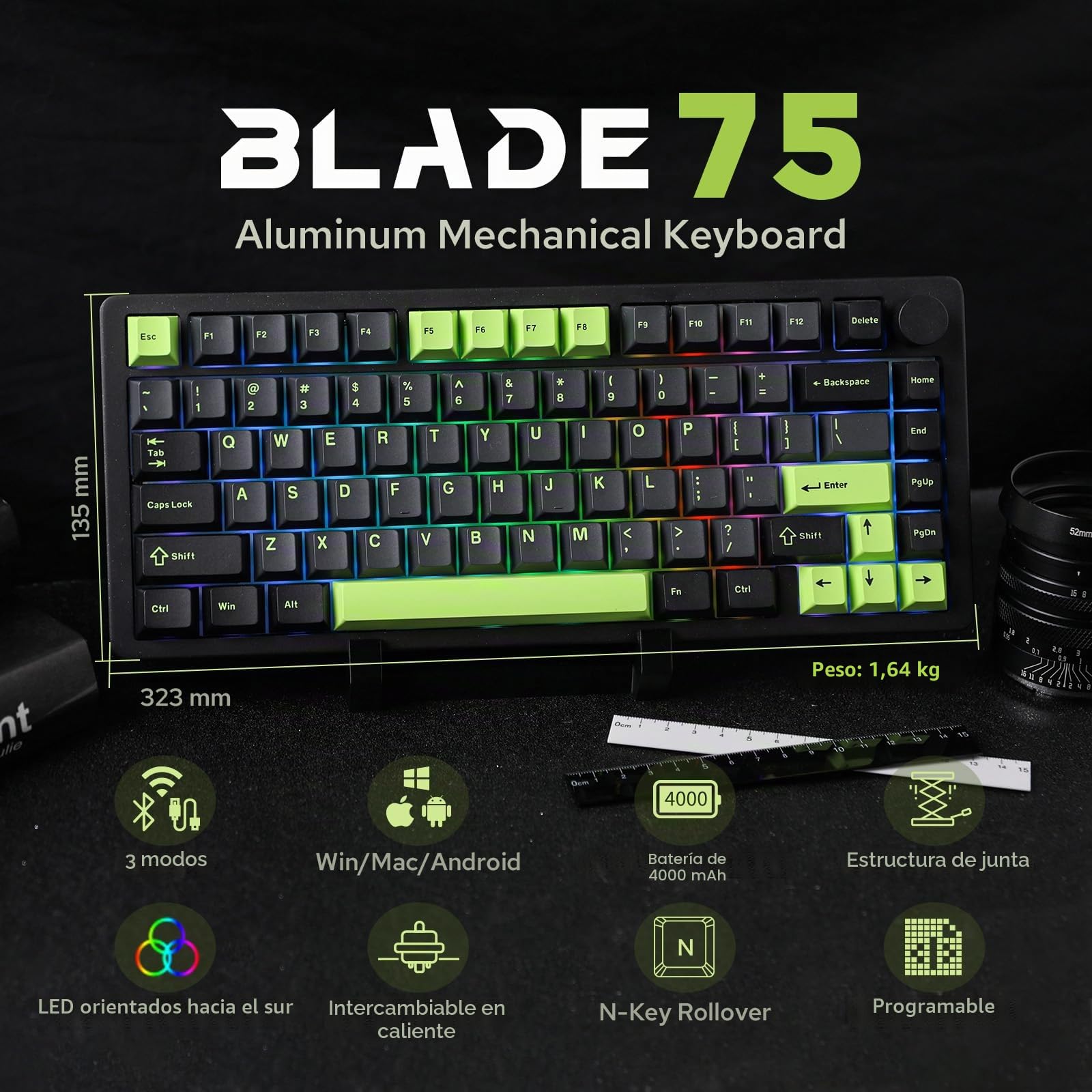 MechLands Blade75 Teclado mecánico inalámbrico de aluminio BT5.0/2.4GHz/USB-C Hot Swappable Custom Keyboard con RGB, NKRO para Win/Mac/Games/Office (negro)