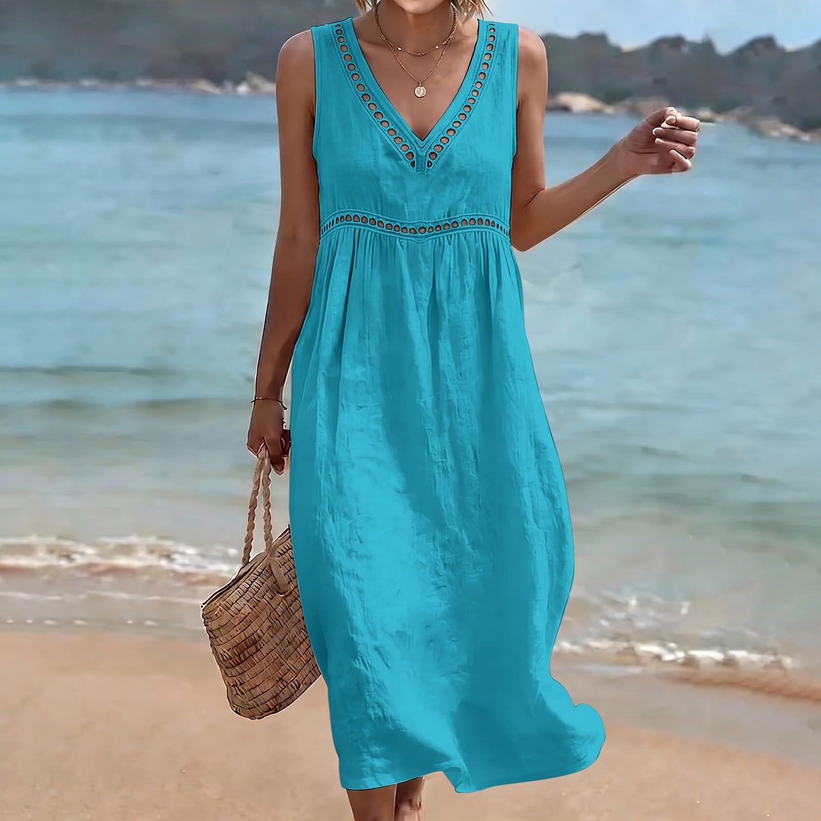 Abito estivo da donna, in cotone, lunghezza al ginocchio, stile boho, da spiaggia, con scollo a V, senza maniche, linea ad A, elegante, a vita alta, per il tempo libero, leggero e arioso