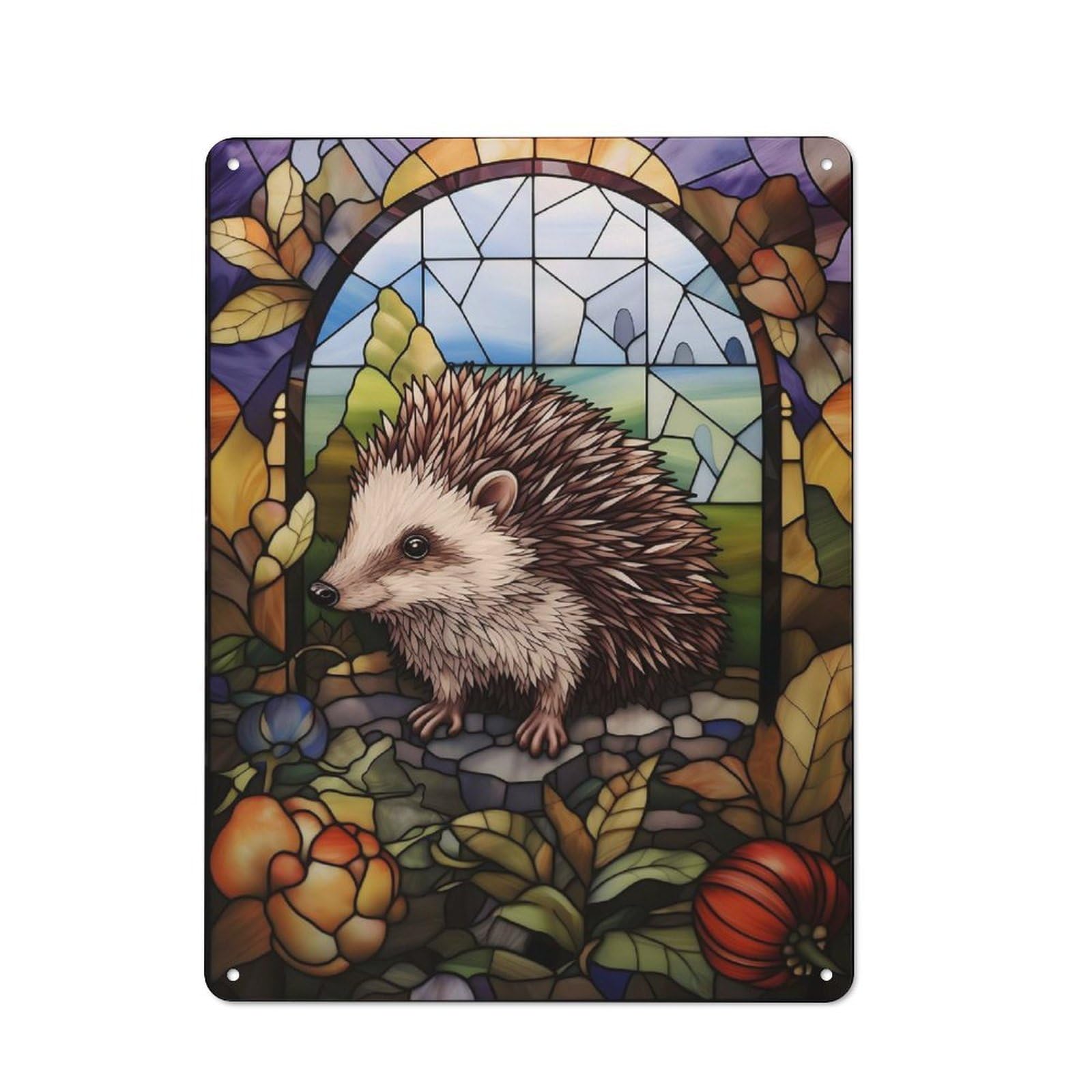 Junmoney Hedgehog Stained Glass Metal Wall Sign 40X30cm Featuring For Hallway Wall, Suited To Wall Display Collectors