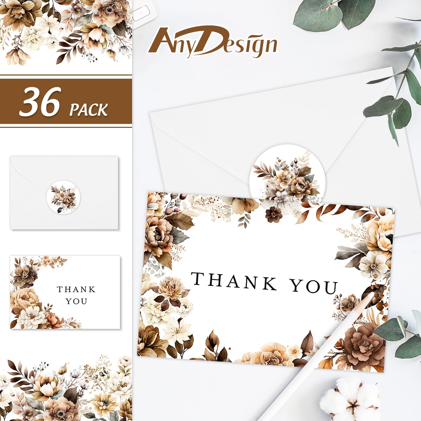 AnyDesign Paquete de 36 tarjetas de agradecimiento de flores a granel, tarjetas de agradecimiento florales marrones con sobres y calcomanías, hojas florales, tarjetas de felicitación en blanco para