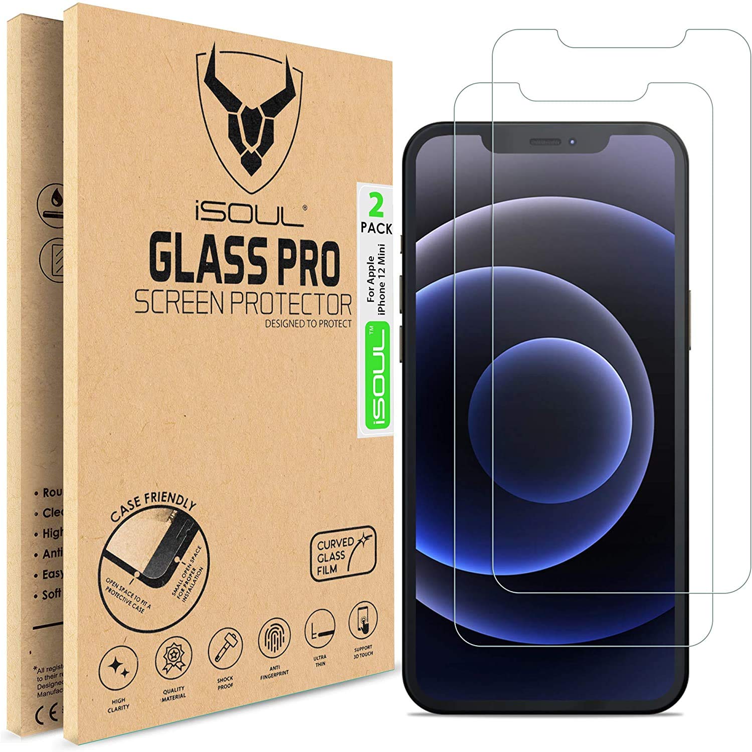 iSOULScreen Protector Compatible With iPhone 12 Mini 5.4 Inch, Tempered Glass HD Film, 2-Pack