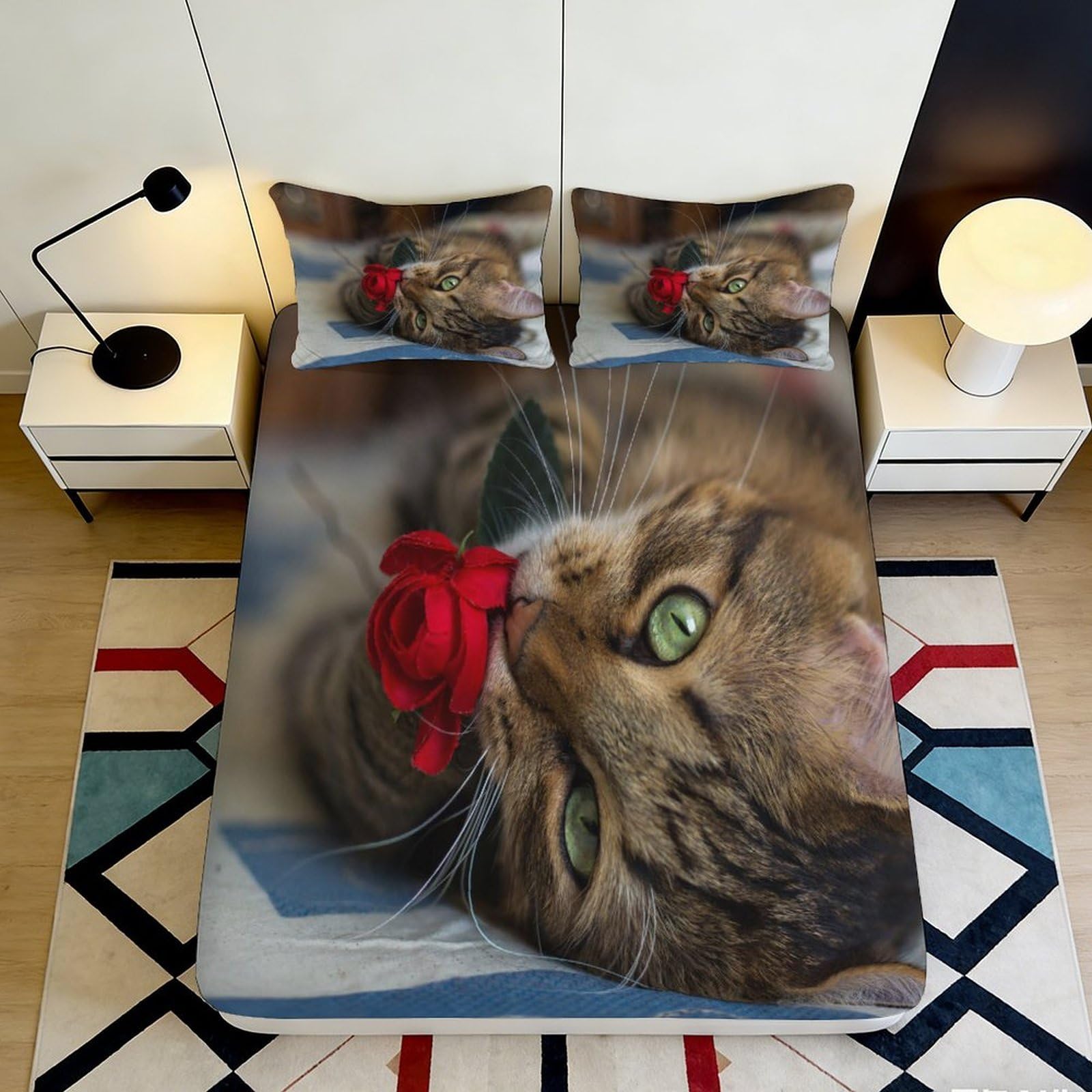 Uynsixtme Style-7 3D Printed Cute Cat Fitted Sheet Microfiber Deep Pocket Non-Slip Cat Mattress Fitted Cover Full Wrap Washable Bedding 140X200x25cm